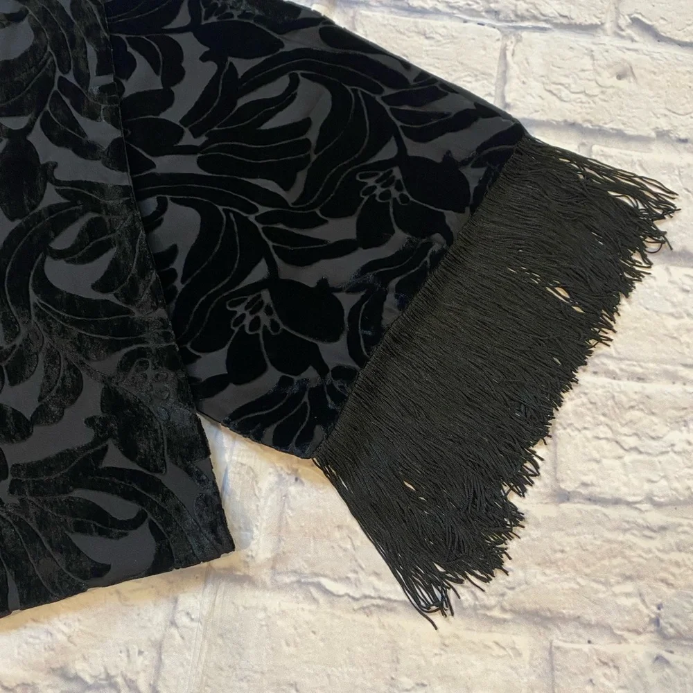 Unbranded Elegant Black Burnished Velvet Floral Scarf with Fringe Rayon & Silk